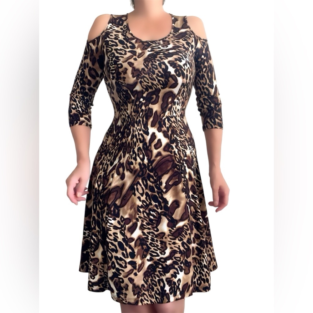Susan Graver Cheetah Animal Print Midi dress Cold Shoulder Soft Knit Dress